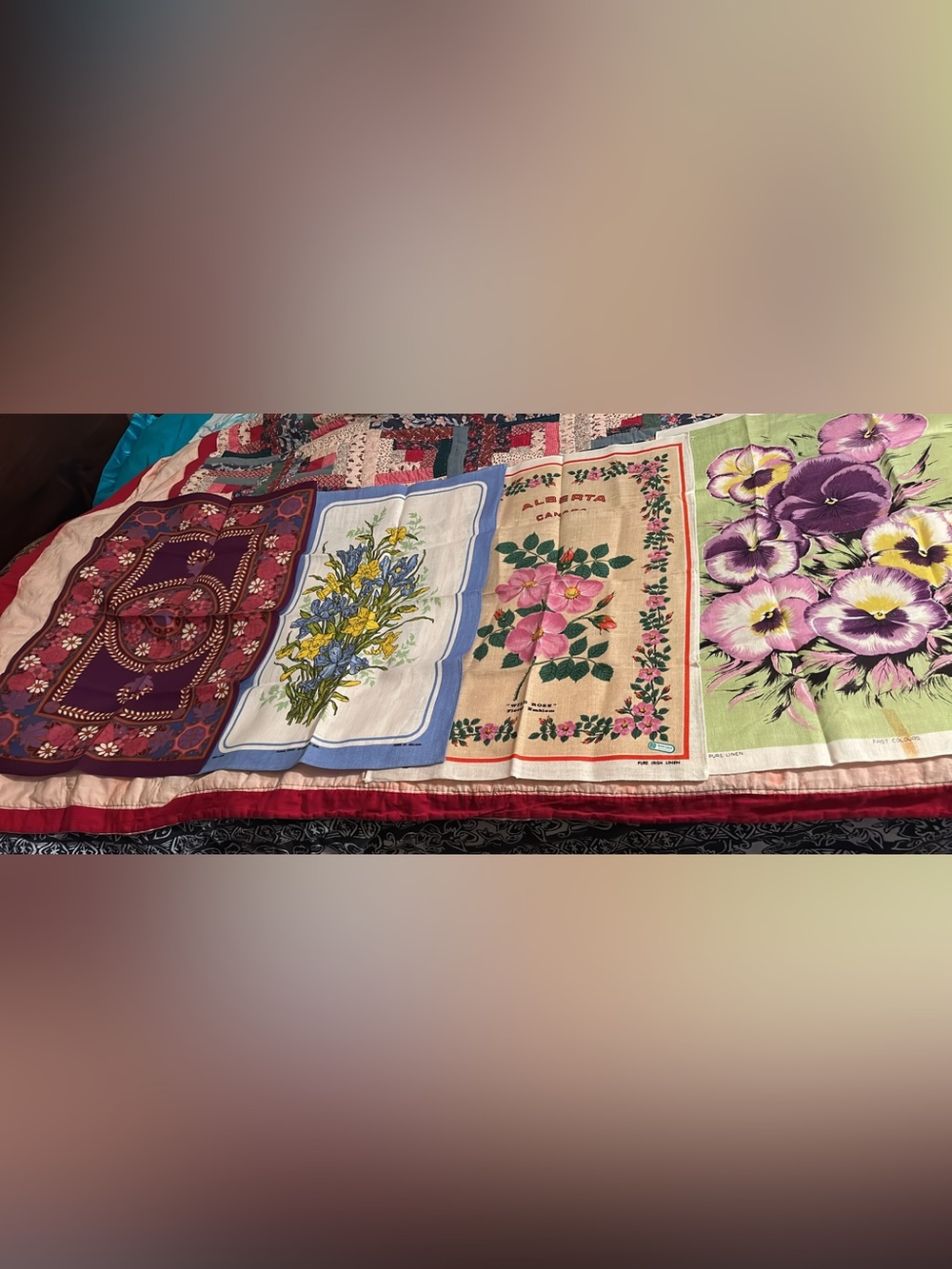 New set of 4 pure Irish linen floral tea towels ~20”x30”